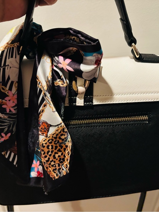 ALDO Classic Two-Tone Satchel Handbag with Scarf Accent - Cream & Tan - Picture 3 of 3